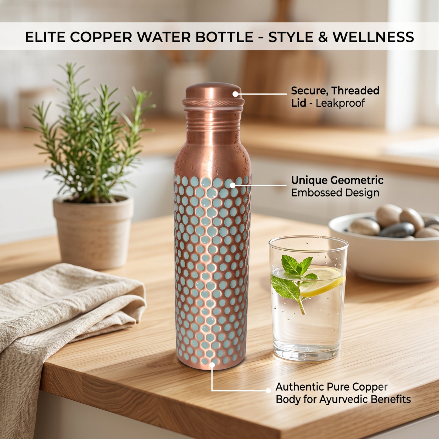 Aqua Dotted Copper Water Bottle 950ml/32 oz with Coir Brush