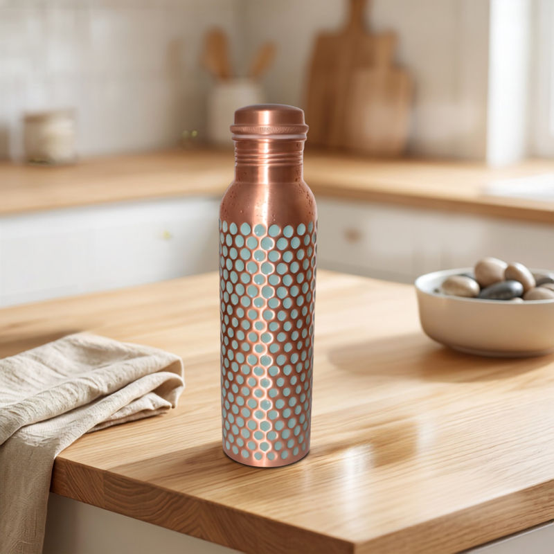 Aqua Dotted Copper Water Bottle 950ml/32 oz with Coir Brush
