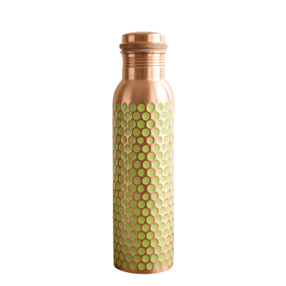 Pure Copper Water Bottle — Green Dotted Enamel, 950 ml / 32 fl oz with Coir Brush