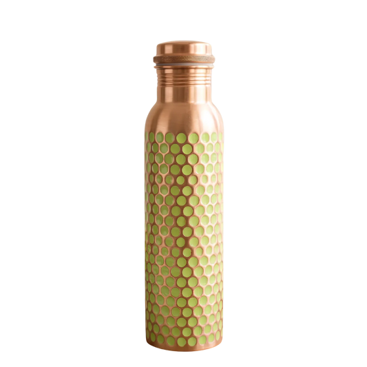 Pure Copper Water Bottle — Green Dotted Enamel, 950 ml / 32 fl oz with Coir Brush