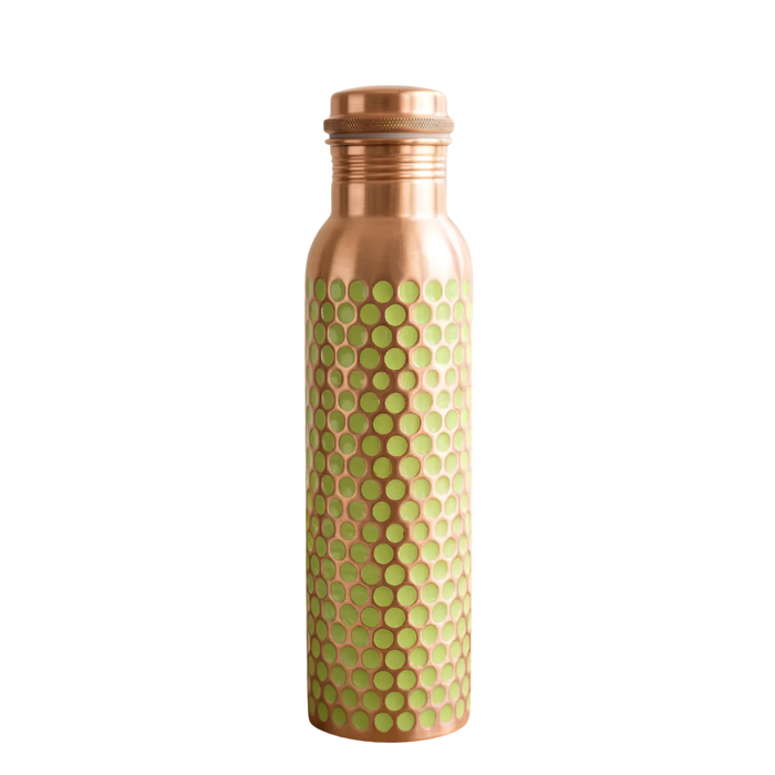 Pure Copper Water Bottle — Green Dotted Enamel, 950 ml / 32 fl oz with Coir Brush