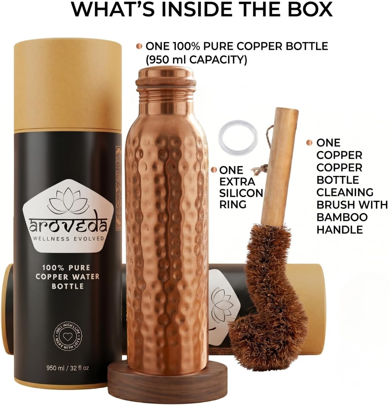 Hammered Pure Copper Water Bottle — 950 ml 32/ oz  with Cleaning Brush