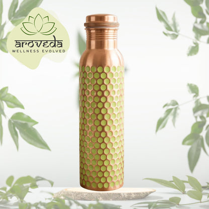 Pure Copper Water Bottle — Green Dotted Enamel, 950 ml / 32 fl oz with Coir Brush