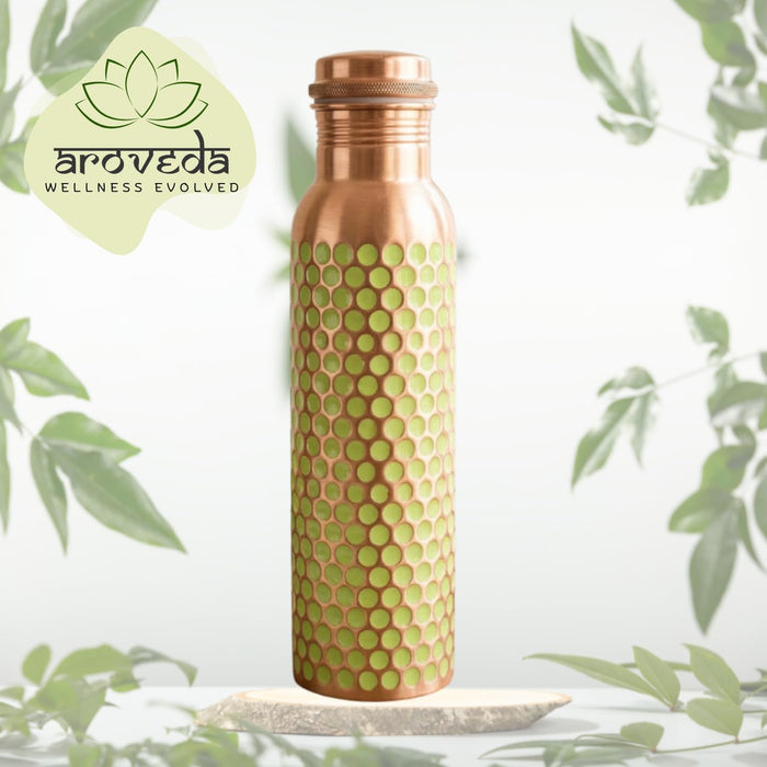 Pure Copper Water Bottle — Green Dotted Enamel, 950 ml / 32 fl oz with Coir Brush