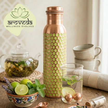 Pure Copper Water Bottle — Green Dotted Enamel, 950 ml / 32 fl oz with Coir Brush