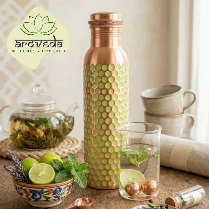 Pure Copper Water Bottle — Green Dotted Enamel, 950 ml / 32 fl oz with Coir Brush