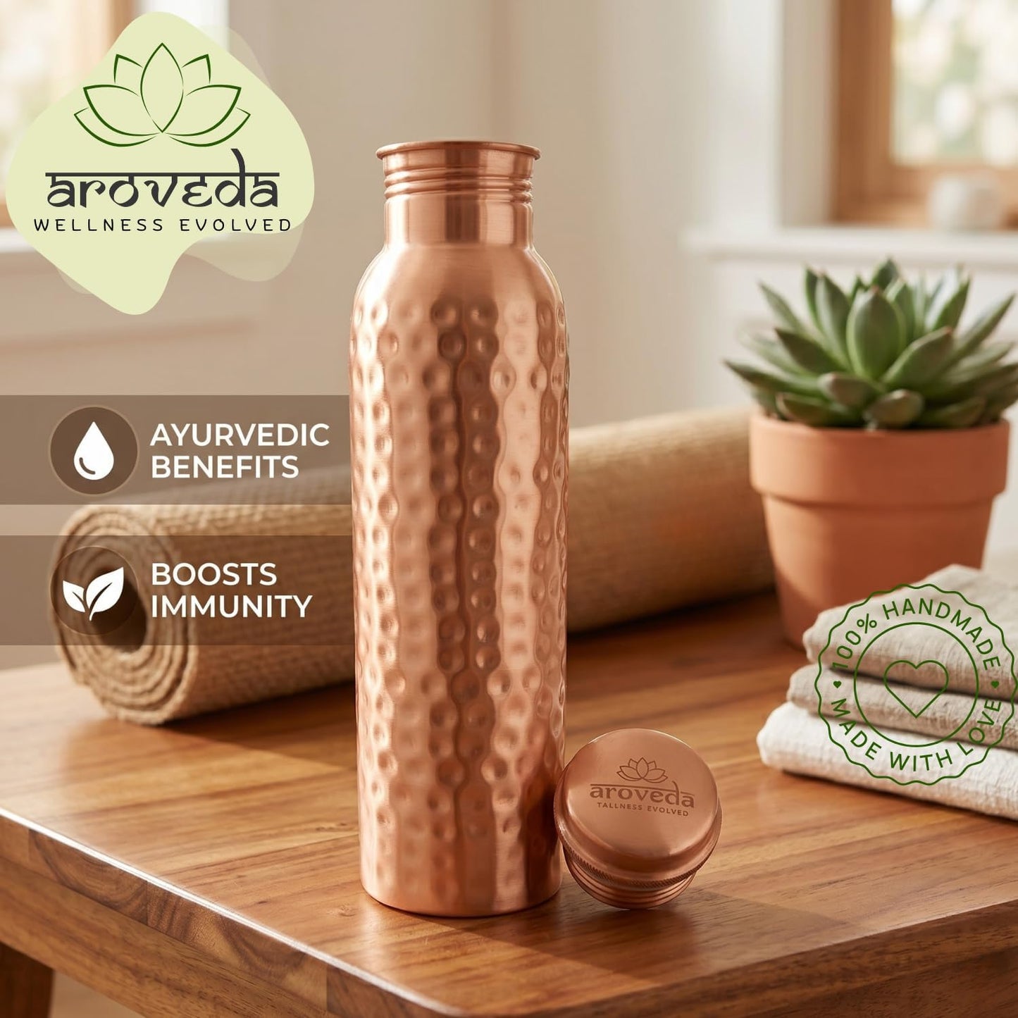 Hammered Pure Copper Water Bottle — 950 ml 32/ oz  with Cleaning Brush