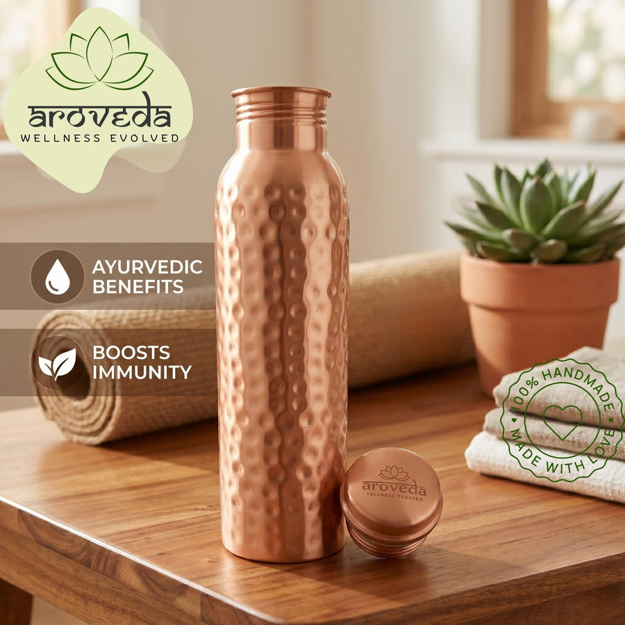Hammered Pure Copper Water Bottle — 950 ml 32/ oz  with Cleaning Brush
