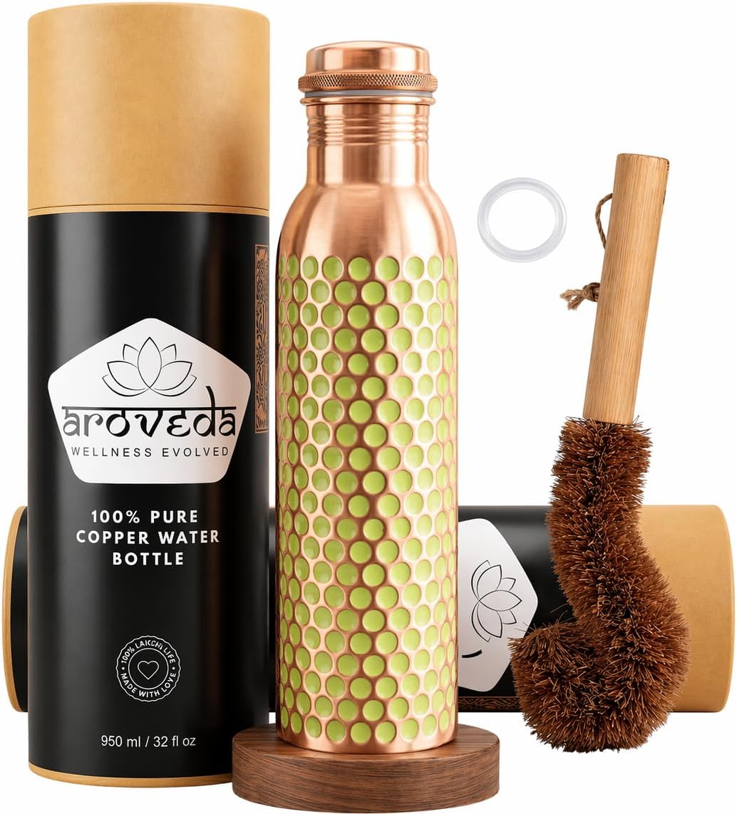 Pure Copper Water Bottle — Green Dotted Enamel, 950 ml / 32 fl oz with Coir Brush