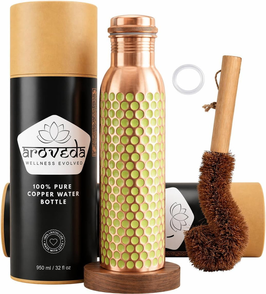 Pure Copper Water Bottle — Green Dotted Enamel, 950 ml / 32 fl oz with Coir Brush