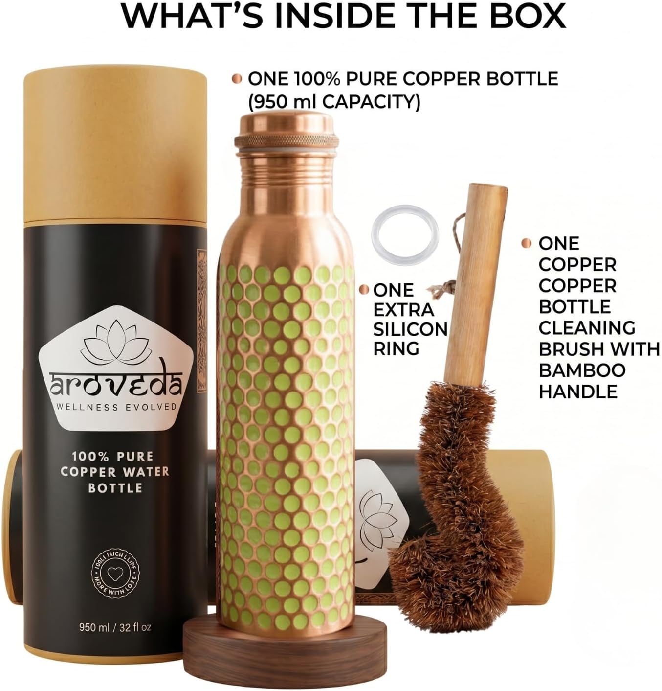 Pure Copper Water Bottle — Green Dotted Enamel, 950 ml / 32 fl oz with Coir Brush
