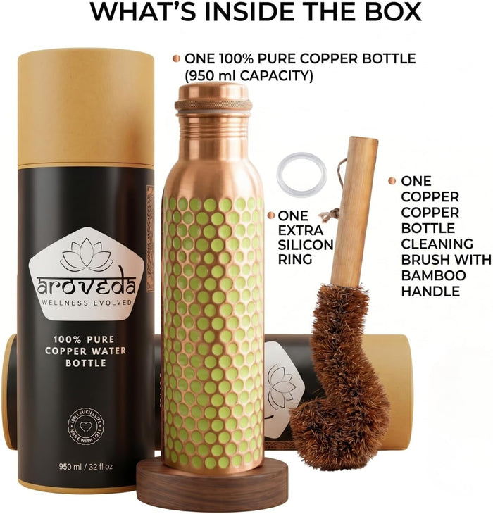 Pure Copper Water Bottle — Green Dotted Enamel, 950 ml / 32 fl oz with Coir Brush