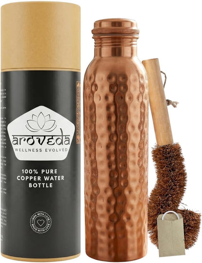 Hammered Pure Copper Water Bottle — 950 ml 32/ oz  with Cleaning Brush