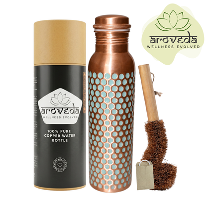 Aqua Dotted Copper Water Bottle 950ml/32 oz with Coir Brush